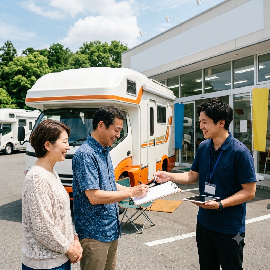 自社店舗でお客様にキャンピングカーをご案内するスタッフ