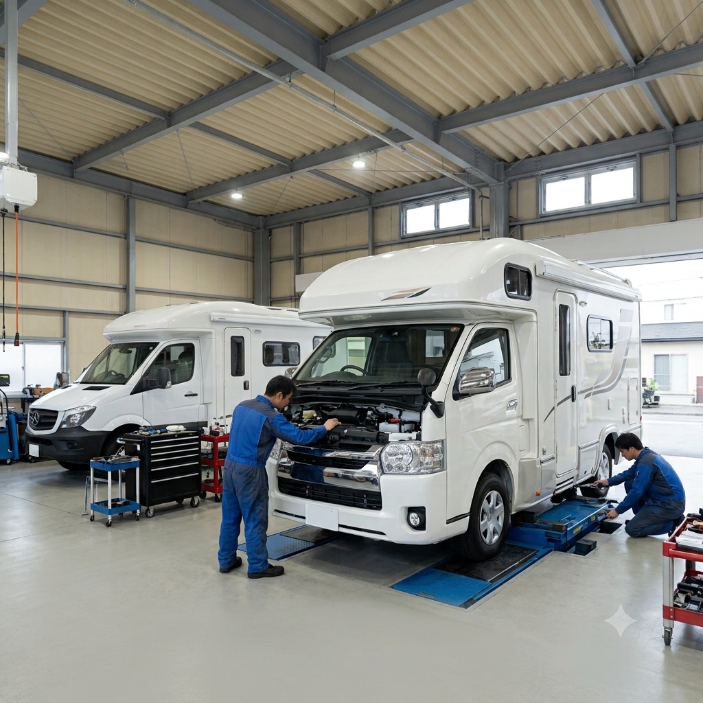自社工場でキャンピングカーを整備する自社スタッフ