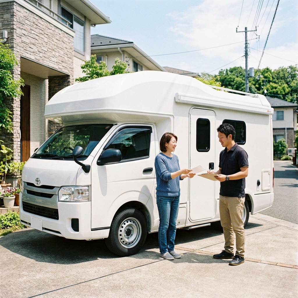 ご自宅でキャンピングカーを出張査定するスタッフ